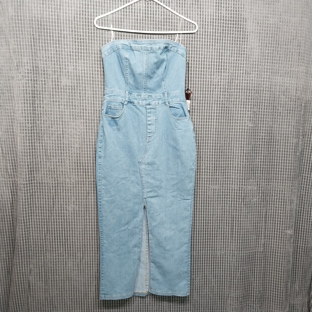 Haute Monde Women Denim Strapless Front Slit Midi Dress S Light Wash